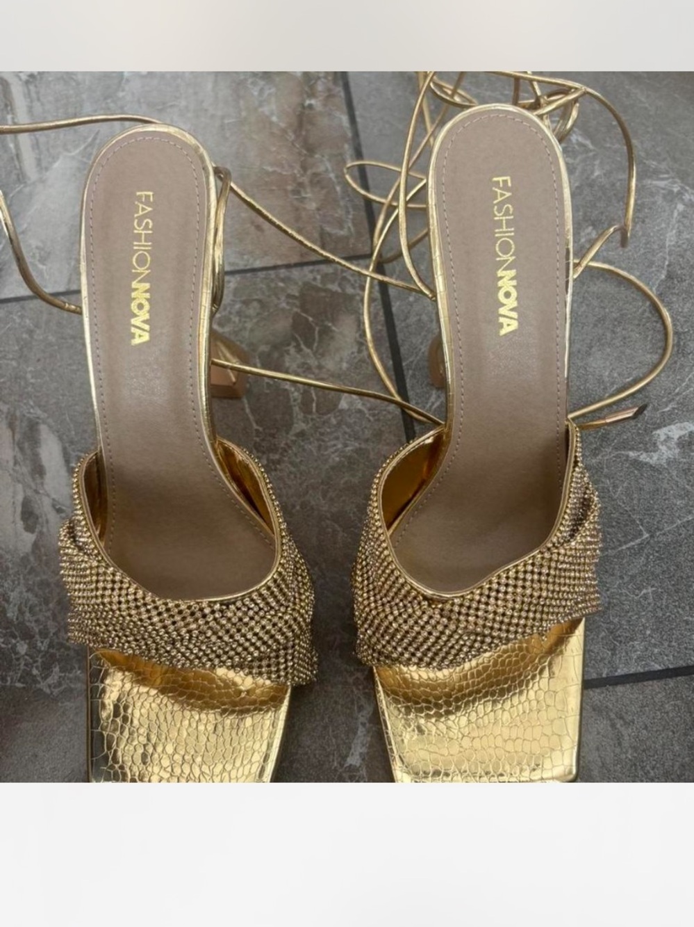 Fashion Nova Gold Metallic Beaded Lace-Up Heels